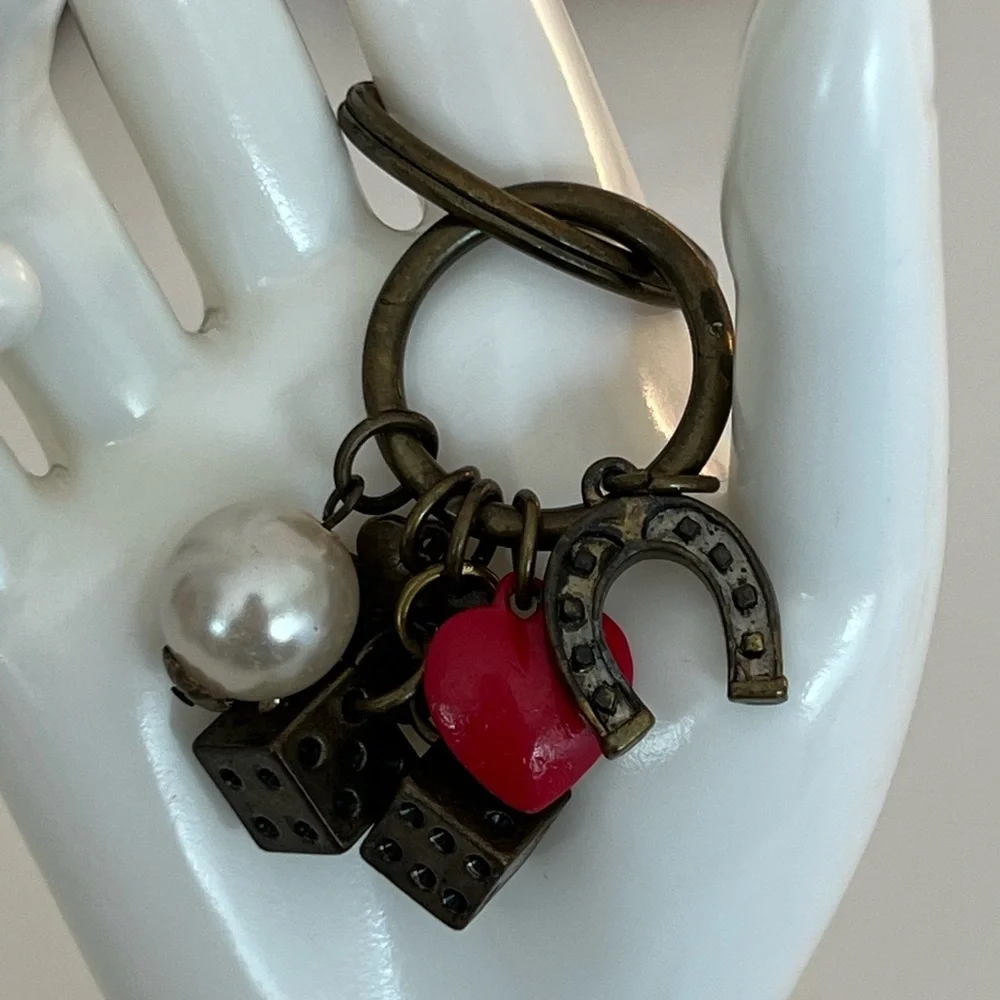 NWOT NINE WEST Brass tone keychain with 6 good luck charms​ pearl heart clover